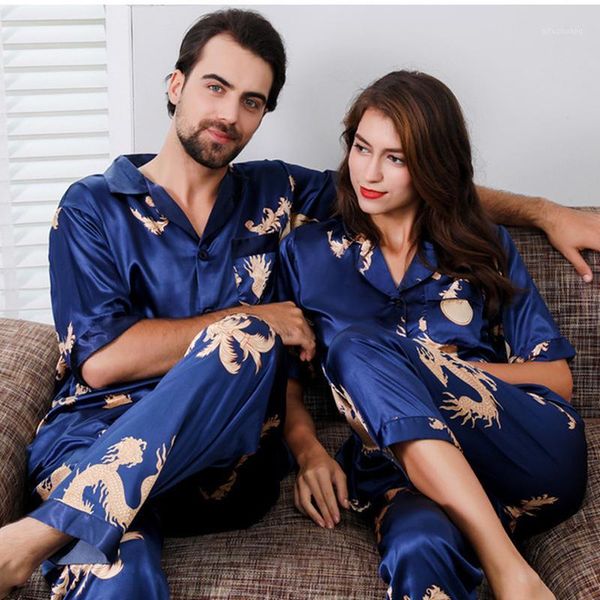 

couple silky pajamas pyjamas set short sleeve sleepwear pijama pajamas suit women and man sleep 2pc set loungewear plus 3xl1, Black;brown
