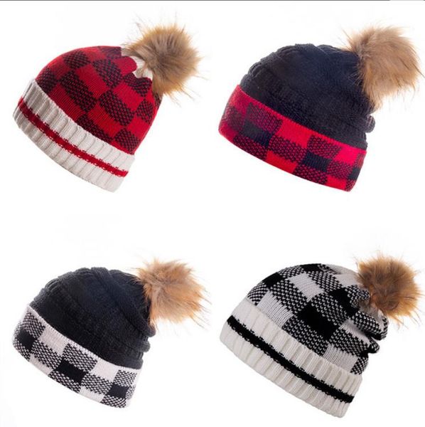 

plaid knitted hats women pompom woolen hat big girls crochet beanies caps keep warm bonnet winter headgear accessories 4 designs dw6166, Yellow