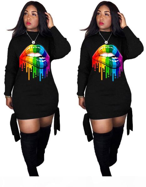 

new fashion women long sleeve crew neck colorful lips printed dress or bandage bodycon dresses party mini dress, Black;gray