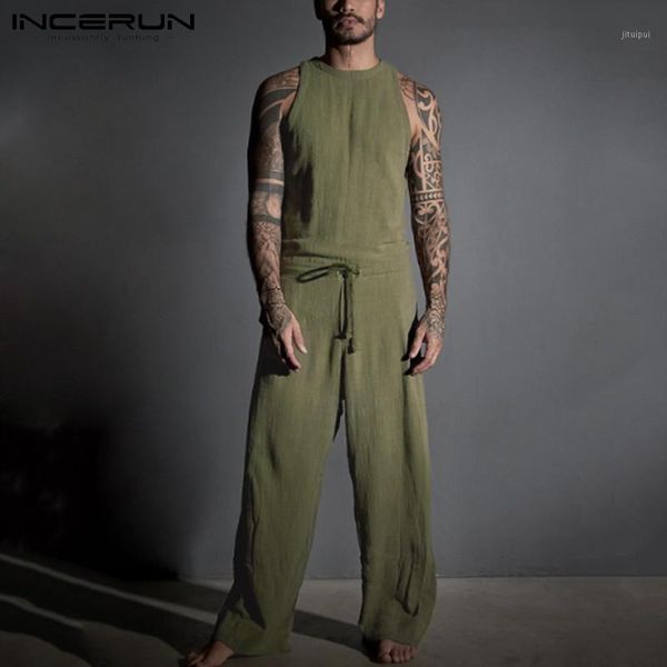 

solid color wide legs rompers incerun fashion mens sleeveless zipper jumpsuits cozy cotton drawstring man vintage bib pants 5xl1, Black