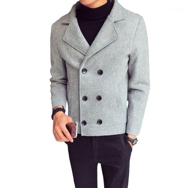 

men's wool & blends autumn winter solid color short coat men suit collar double-breasted slim fit youth casual simple male jack, Black