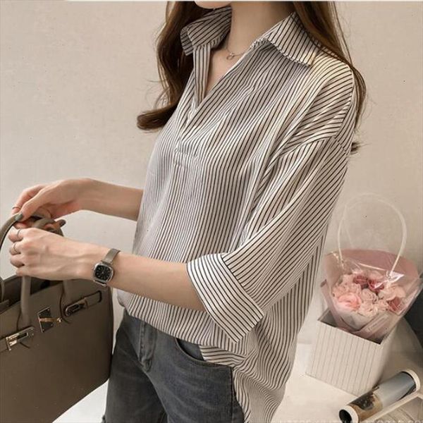 

new 2021 spring summer casual striped women blouses shirts fashion loose v neck shirt female clothing blusas 0643 40, White