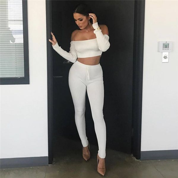 

knitted fall 2 pieecs set 2021 slash neck off shoulder long sleeve t-shirt crop high waist long pants women 2021, Gray