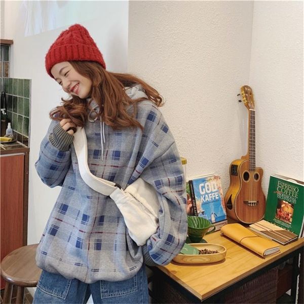 

female korean kawaii loose ins lazy plaid sweatshirt women's sweatshirts japanese harajuku ulzzang vintage clothing for women, Black