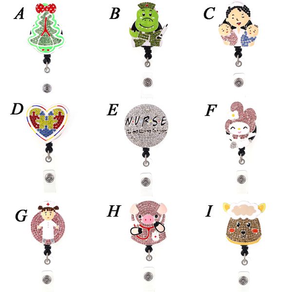 

1pc /5pcs /10pcs cute rhinestone christmas tree animal rabbit shape badge reel retractable id badge holder for nurse doctor hospital student, Gray
