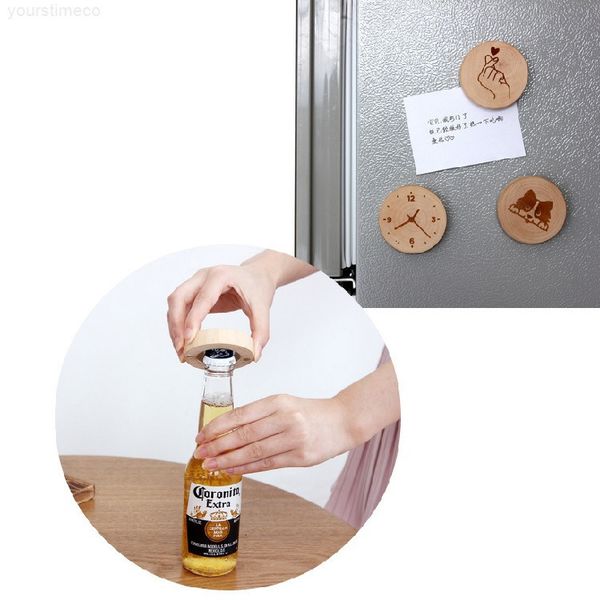 

shape fridge coaster wooden decoration magnet round beer bottle opener