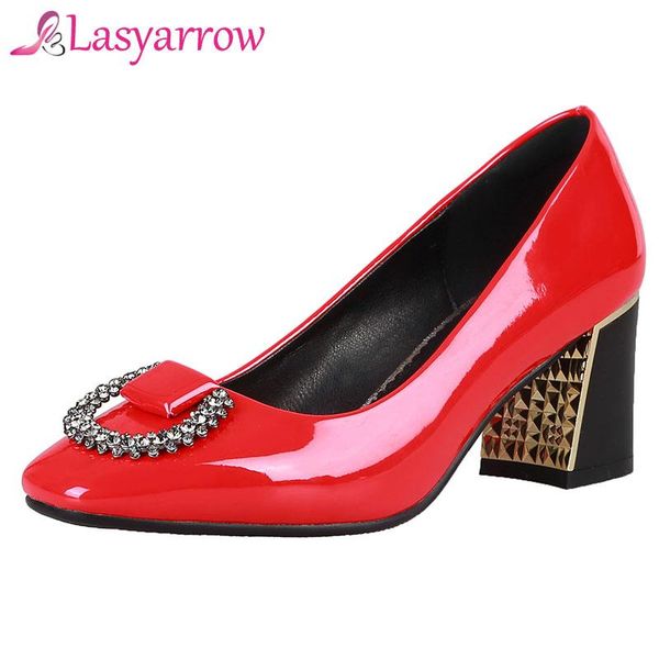 

lasyarrow 2021 spring new patent leather chunky high heels wedding shoes work shoes fashion ladies shallow pumps black red j649