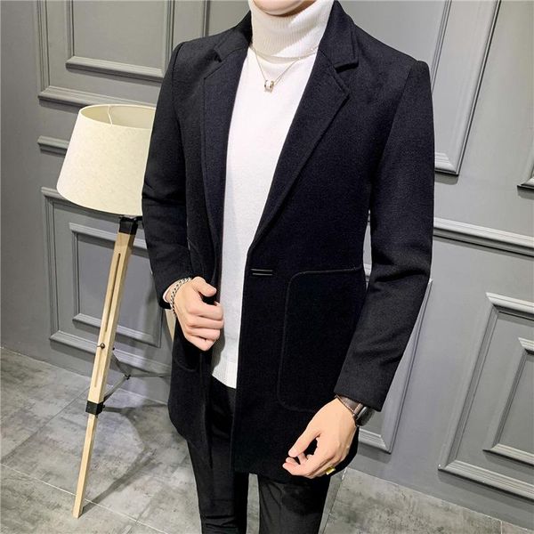 

men's wool & blends woolen coat mid long korean slim casual windbreaker, Black