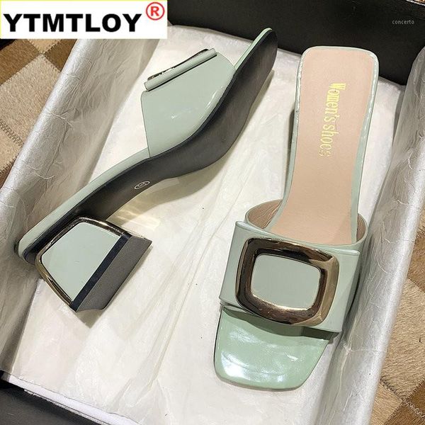 

summer women shoes slippers woman female transparent slides metal buckle square high heels patent leather beach shoes slippers1, Black
