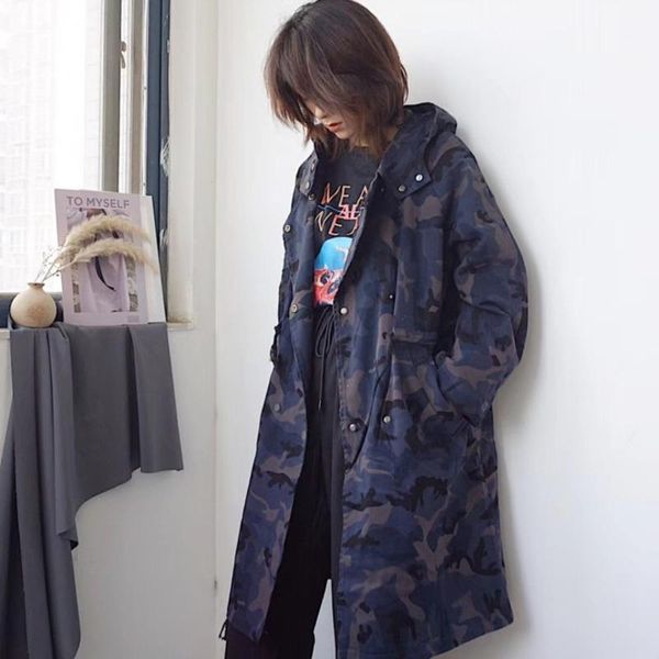 

ewq] fashion 2019 new hooded loose camouflage coat windbreaker long section spring printing trench coat for women be1171, Tan;black