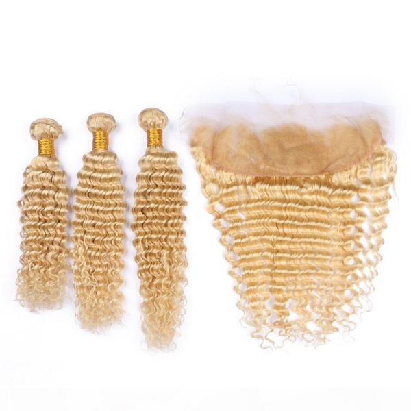 

virgin brazilian blonde human hair 3 bundles with frontal deep wave wavy #613 bleach blonde 13x4 full lace frontal closure with weaves, Black