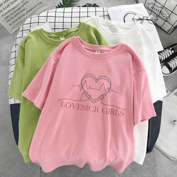

2021 new album lovesick girls print t shirt kpop korean style short sleeve cute korean casual hip hop short sleeve top, White