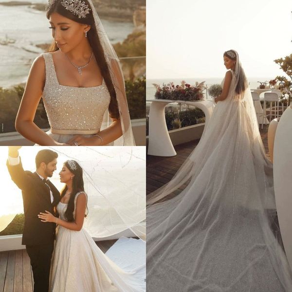

arabic a line wedding dresses plus size sequined sweep train bridal gowns custom made elegant vestido de novia, White