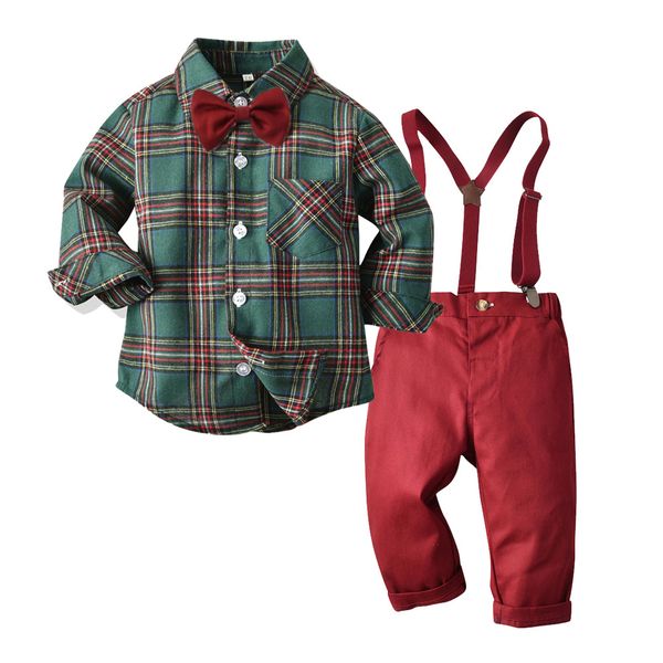 

2020 new children's plaid shirt, long-sleeved long-sleeved trousers, bow tie, boy's autumn suit, two-piece baby set, White