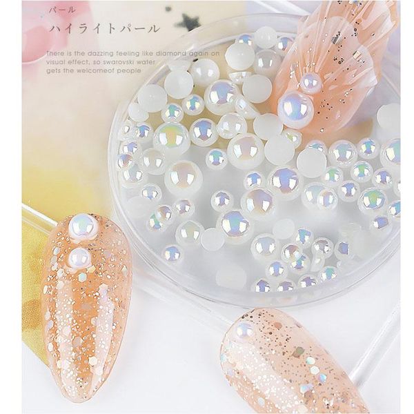 

nail art decorations mixed size 1 box gradient color white beige pearl rhinestones 6 grid bags for 3d manicure, Silver;gold