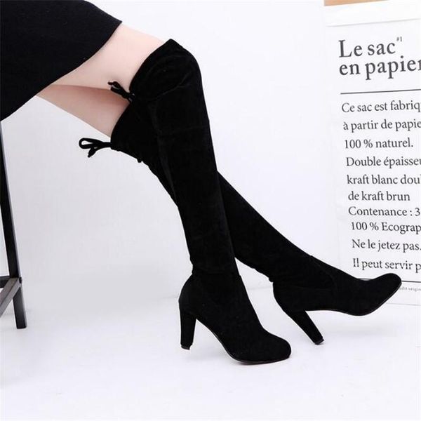 

boots brand women's shoes woman plus large big size 35-43 over the knee thin high heel party botas de mujer, Black