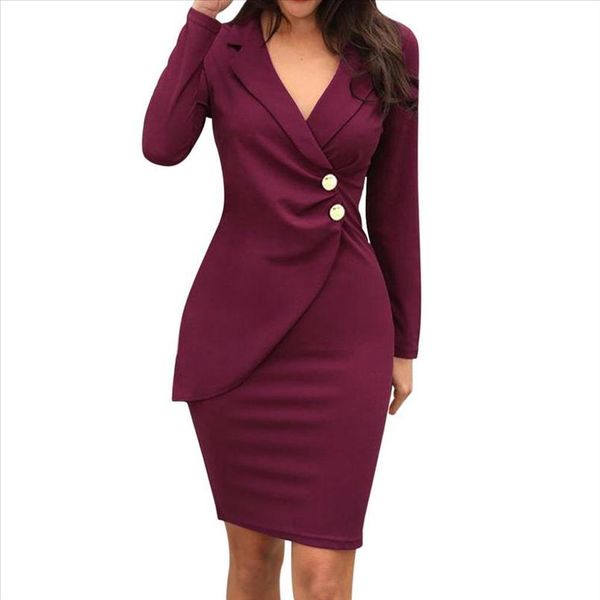 

long sleeve elegant office lady dress solid turn down neck solid turn down neck pencil dress casaul work formal party, Black;gray