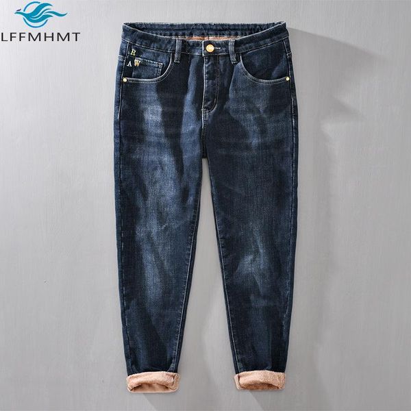 

men's jeans winter fashion men letter embroidery thick black grey straight cowboy casual loose fleece trouser retro denim pants male, Blue