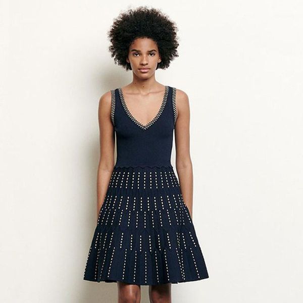 

cute summer knitting dress 2020 double v neck sleeveless plaid tank sweater dress runway brand designer short1, Black;gray