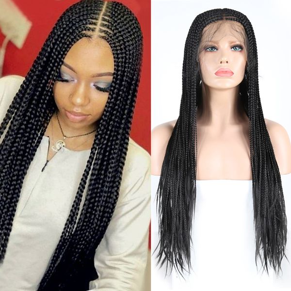 

charisma middle part long braided wigs synthetic lace front wig with baby hair high temperature fiber box braids wigs for women, Black;brown