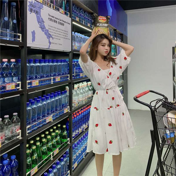 

french 2019v collar very waistband strawberries fairy style platycodon embroidery dress summer, Black;gray