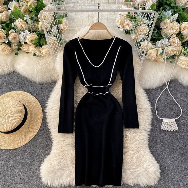 

2021 new female singiny dressed crocheted pencils autumn long thin winter elastic dress in nightgown 5042, Black;gray