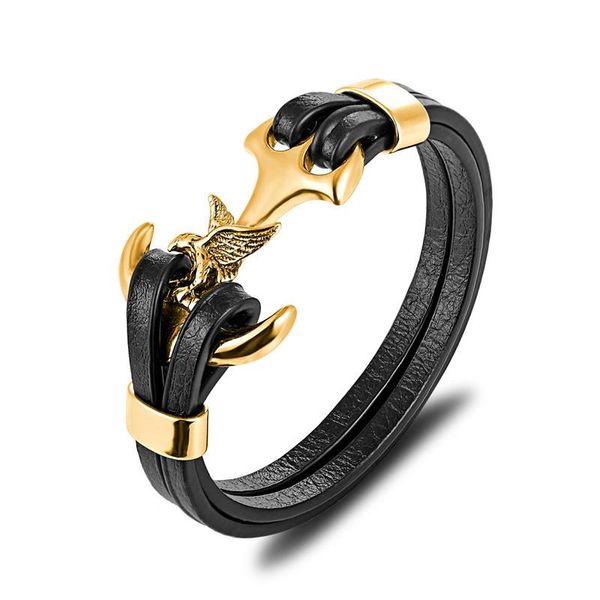 

mkendn punk мужчины ювелирные изделия черный натуральный якорь кожаный браслет череп из нержавеющей стали магнитная застежка мода браслеты w