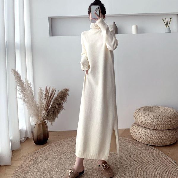 

casual dresses women 2021 autumn winter solid knitted long dress female turtleneck sleeve sweater loose vestidos c491, Black;gray