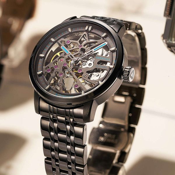 

mechanical mark huafei watch men's automatic watch hollow waterproof live wave brand watch, Slivery;brown
