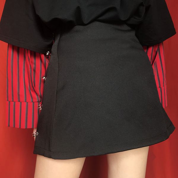 

flectit punk rock style safety pin a-line mini skirt with side split high waisted collins skirt women harajuku street wear q1209, Black
