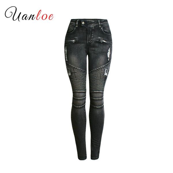 

2020 women clothing mid waist tight stretch hole pleated washed denim pencil pants female fashion skinny moto biker cotton jeans, Blue