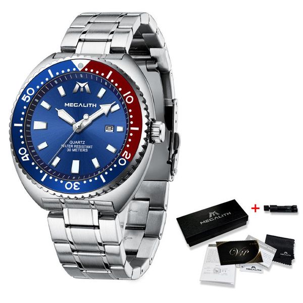 

2020 мегалит новые мужские часы 30 м водонепроницаемый дайвинг часы мужские часы полные стальные мужские спортивные кварцевые наручные часы, Silver