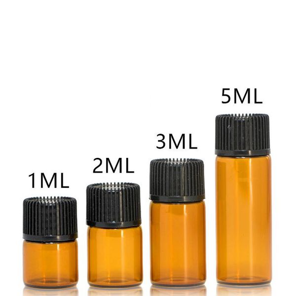 Barato 1ml 2ml 3ml 5ml Garrafa de óleo de vidro âmbar com plugue interno da tampa de parafuso preto, amostra de frascos de vidro do testador de perfumes para óleos