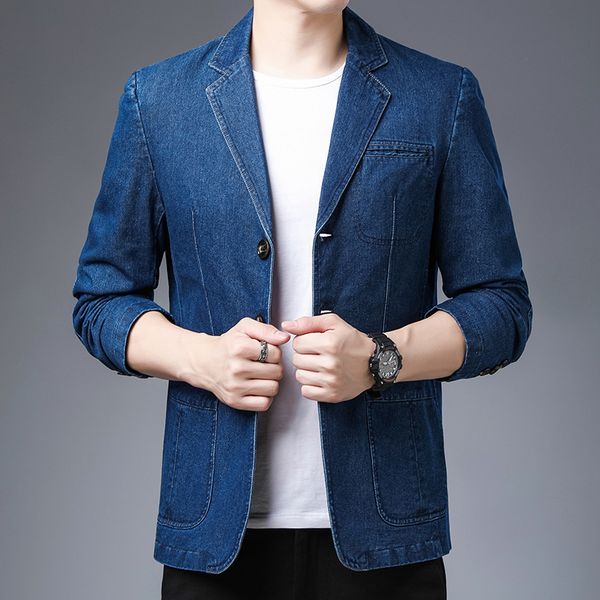 

2021 new 100% cotton washed denim male blazer thin adjustment blue brazer black suit classic jacket engraved hakc, White;black