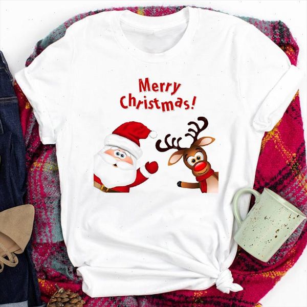 

santa claus deer funny short sleeve tees for women lady merry christmas print tshirt clothes graphic female t t shirt, White