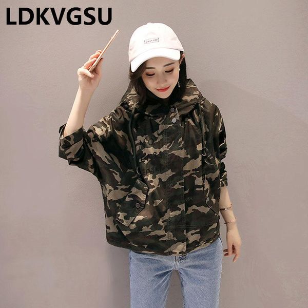 

new spring autumn 2020 women camo trench coat hooded letter embroidery short loose windbreaker overcoat female plus size is346, Tan;black