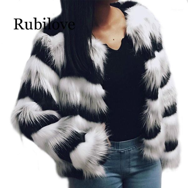 

rubilove plush jacket women autumn winter elegant fluffy wave line long sleeve ladys outerwear artificial fur coat1, Black