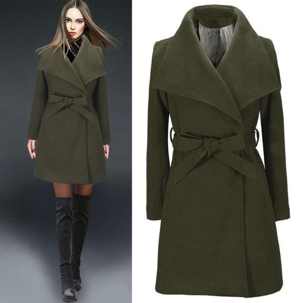 

womens long coat fashion green parkas coat warm wool lapel trench jacket loose vintage long slim overcoat veste hiver femme #26, Black