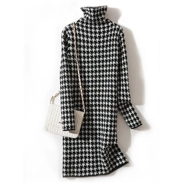 

dress plus size autumn and winter korean version of the houndstooth casual thick warm high-neck knitted bottoming dress 211221, Black;gray