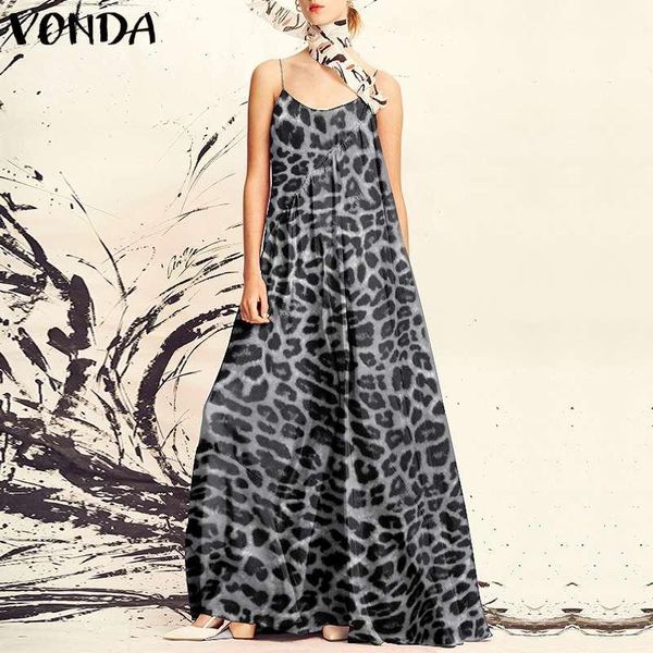 

vonda summer dress 2020 women sleeveless long maxi dresses loose o neck vintage leopard printed bohemian vestidos 5xl1, Black;gray