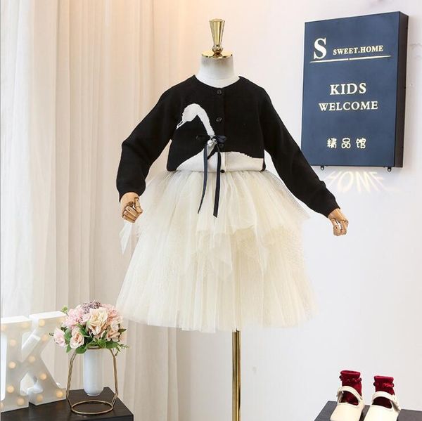 

clothing sets spring girls 2pcs swan knitted cardigan with tulle tutu skirts baby girl suits outfits kids wholesale, White