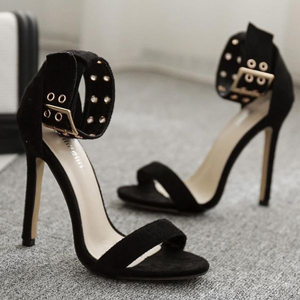 

sandals summer shoes flocking high heels ladies classic sandals women fashion high heels stiletto women buckle, Black