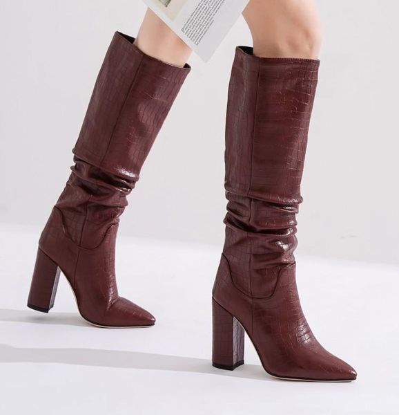

boots 2021 cowboy western knee high women pointed toe pleated european style autumn winter thick heels woman, Black