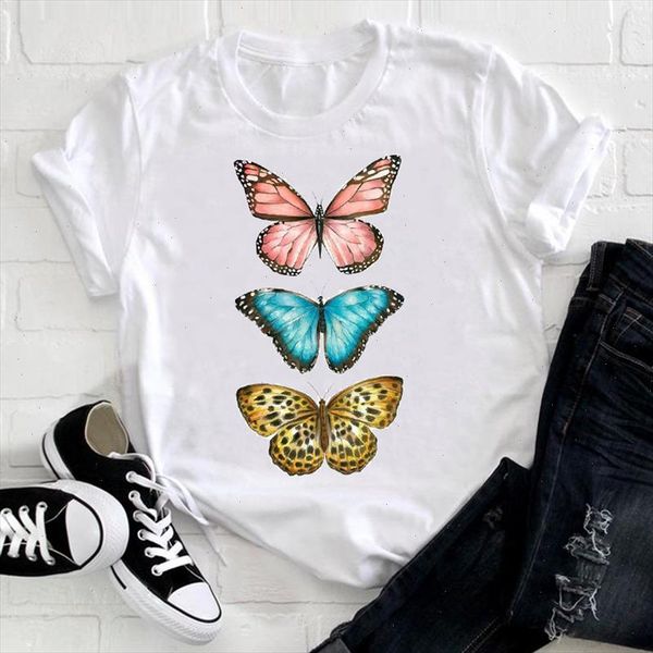

women 2021 butterfly cute style short sleeve spring fashion lady clothes print tshirt female tee ladies graphic t shirt, White