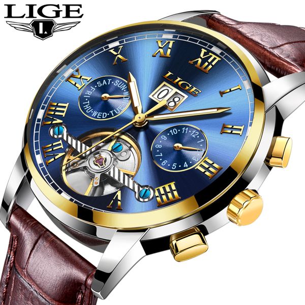 

lige mens watch automatic mechanical watch men clock waterproof sport watches relogio masculino gift, Slivery;brown