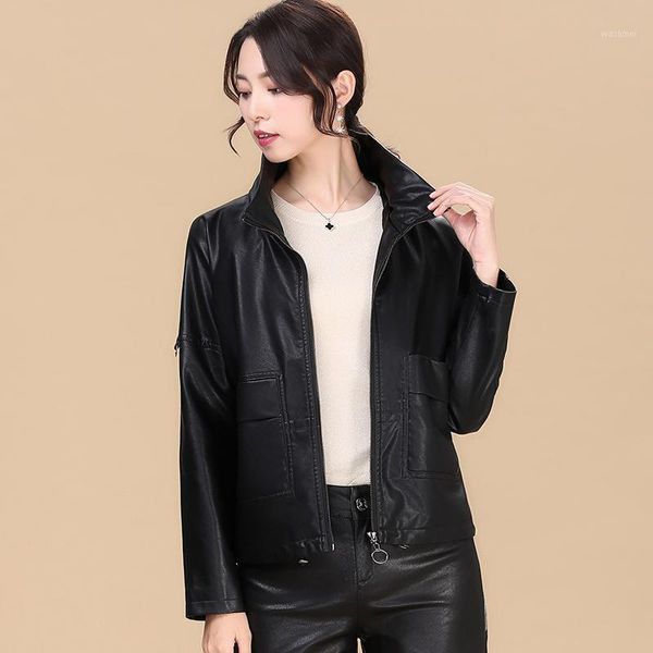 

2021 spring and autumn new leather women's short casual korean loose sheep leather jacket collar coat1, Black