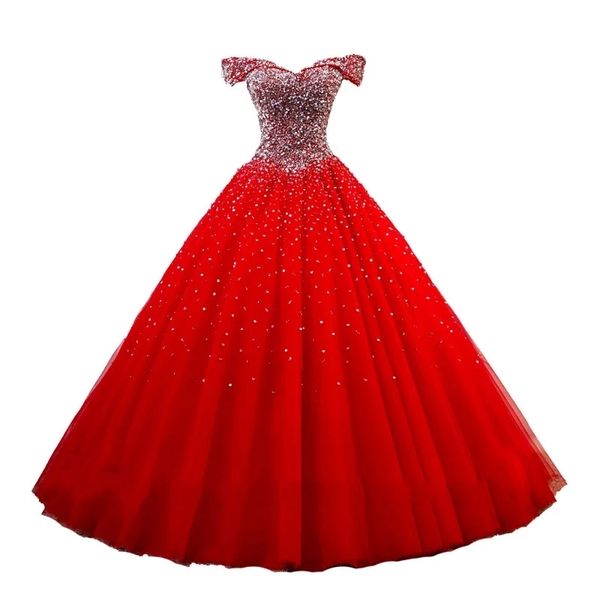 Personalizado Feito Vermelho Quinceanera Vestidos 2021 Ball vestido de cristal grânulos tulle doce 16 vestidos de esfera debutante vestido de festa vestidos de 15 anos qc1581