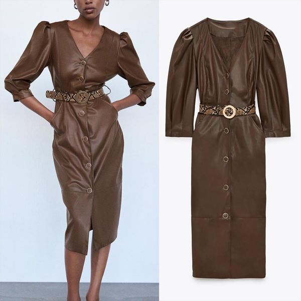 

summer za 2020 woman faux leather dress women fall brow office midi dress fashion casual design clothes ladies african dresses, Black;gray