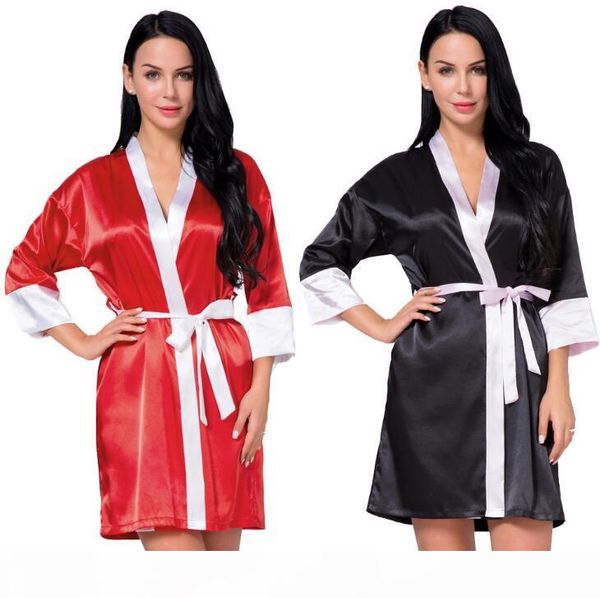 

2019 women's satin robe slik kimono nightgown bath robe women's silk satin bathrobe sleepwear dressing gown, Black;red