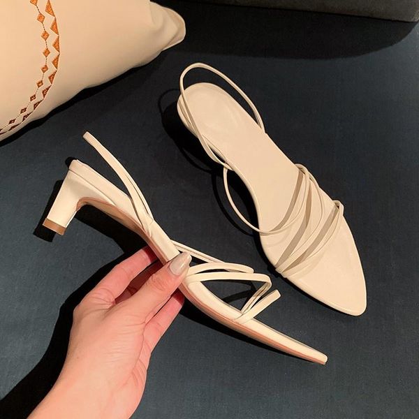 

sandals pointed toe ladies mid heel genuine leather female shoes solid color luxury designer 2021 fashion zapatos de mujer, Black